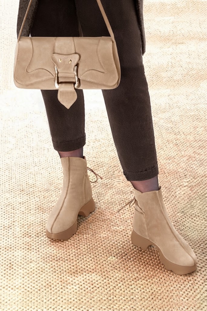 Women's sand back lace-up ankle boots with round toe and chunky rubber sculpted sole - Top view